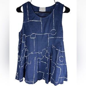 Chalet et Ceci Linen Tank Top S Blue White Abstract Geometric Artsy Lagenlook